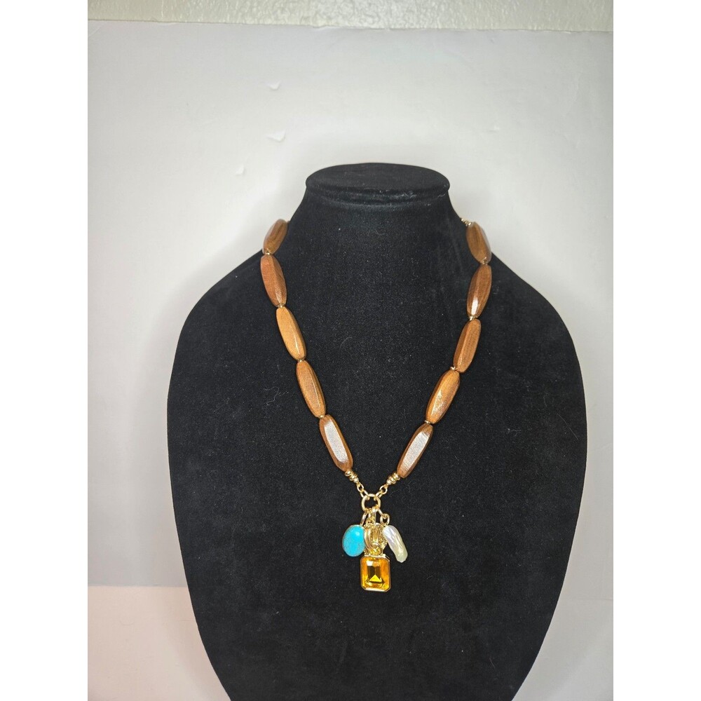 Gold Tone Necklace Wooden Beads with Colorful Pendants Hook Closure